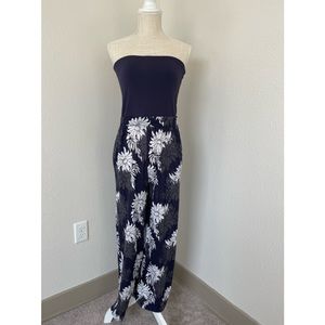 Loft Beach Blue/Floral Strapless Jumpsuit, Size Small